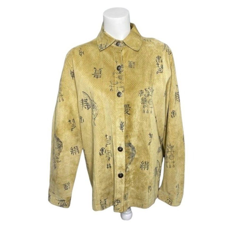 CHICOS Beige Buttery Soft Asian Lantern Print Leather Button Down Top 2 Large 12